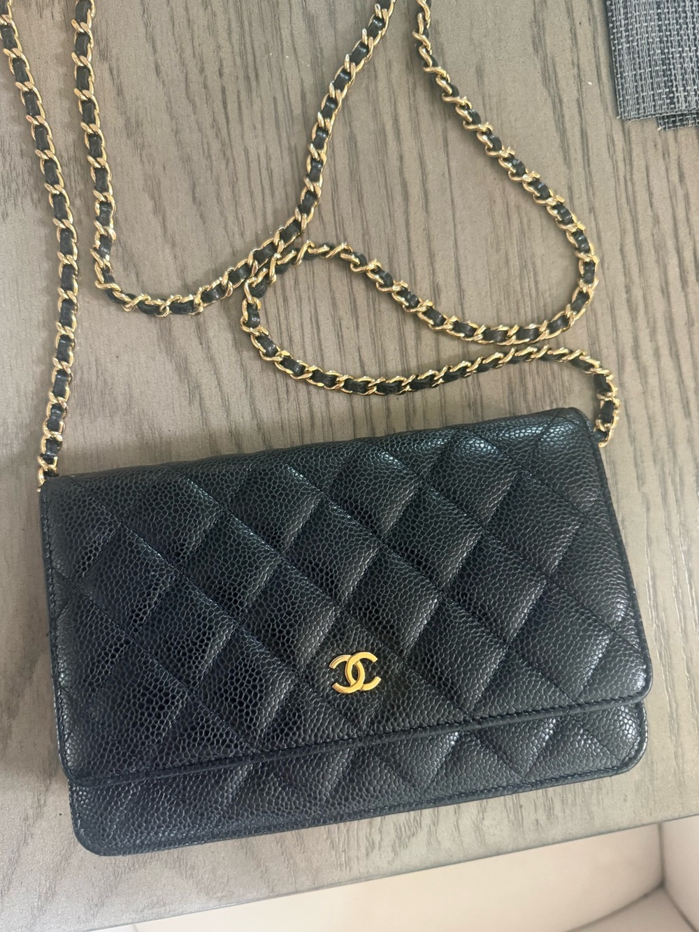 CHANEL Black Quilted Caviar Leather Crossbody with Gold Chain
